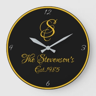 Familien-Monogramm-extravagantes Skript-Gold und Große Wanduhr