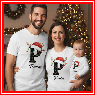 Familien-Weihnachts-Geweih-Santa-Hut mit Monogramm T-Shirt