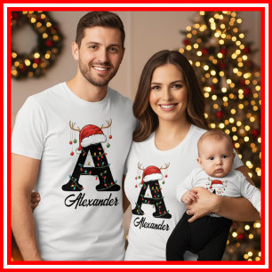Familien-Weihnachts-Geweih-Santa-Hut mit Monogramm T-Shirt