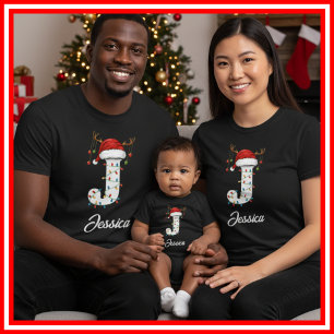 Familien-Weihnachts-Geweih-Santa-Hut mit Monogramm T-Shirt