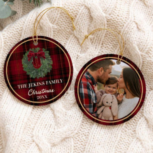 Familien-Weihnachtsfoto-Rotkariertes-Ornament Keramik Ornament