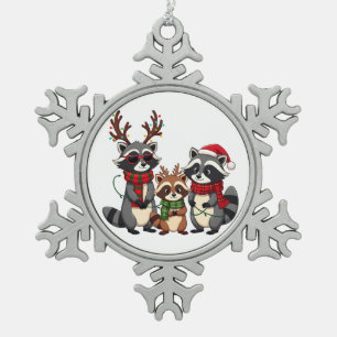 Familien-Weihnachtswaschbären mit Santa-Hut Schneeflocken Zinn-Ornament
