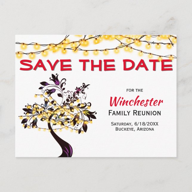 Familien-Wiedersehen Save the Date-Gelblichtbaum Ankündigungspostkarte (Vorderseite)