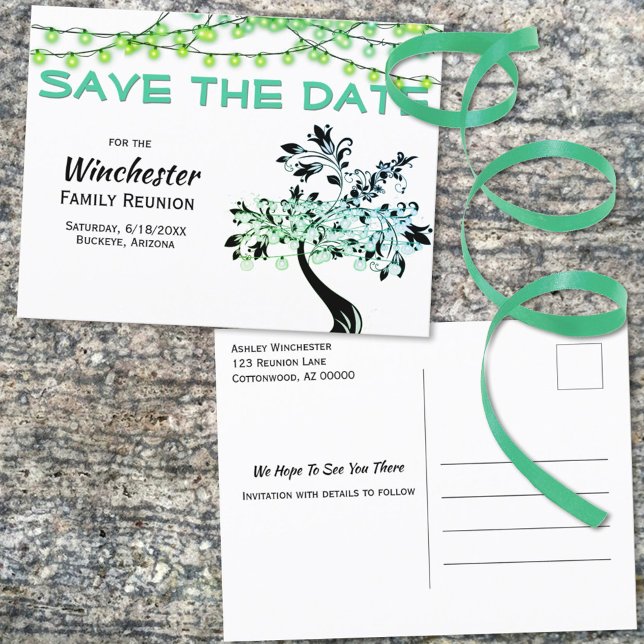 Familien-Wiedersehen Save the Date Grünlichtbaum Ankündigungspostkarte (Von Creator hochgeladen)