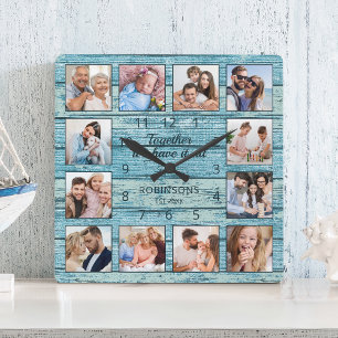 Familienangebot Foto Collage Rustic Blue Wood Quadratische Wanduhr