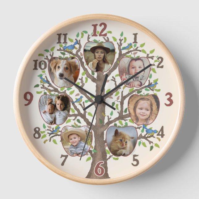 Familienbaum Foto Collage 7 Benutzerdefinierte Bil Uhr (Vorderseite)