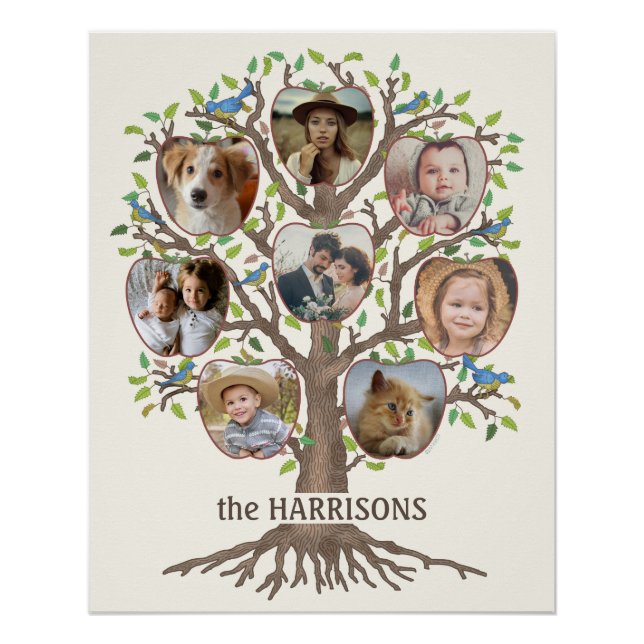 Familienbaum Foto Collage 8 Bilder Name Lt Beige Poster (Vorderseite)