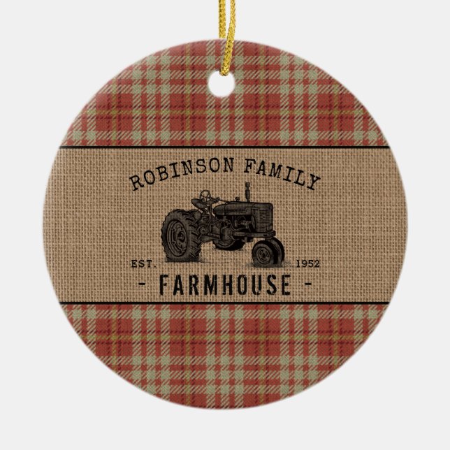 Familienbetrieb Rustikaler Traktor Red Kariert Bur Keramik Ornament (Vorne)