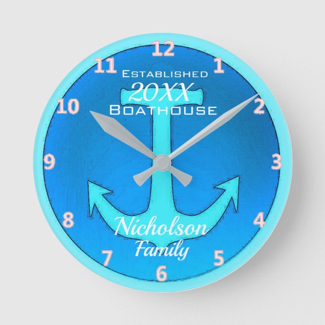 Familienboot Groß Personalisiert in Blau Runde Wanduhr (Vorderseite)