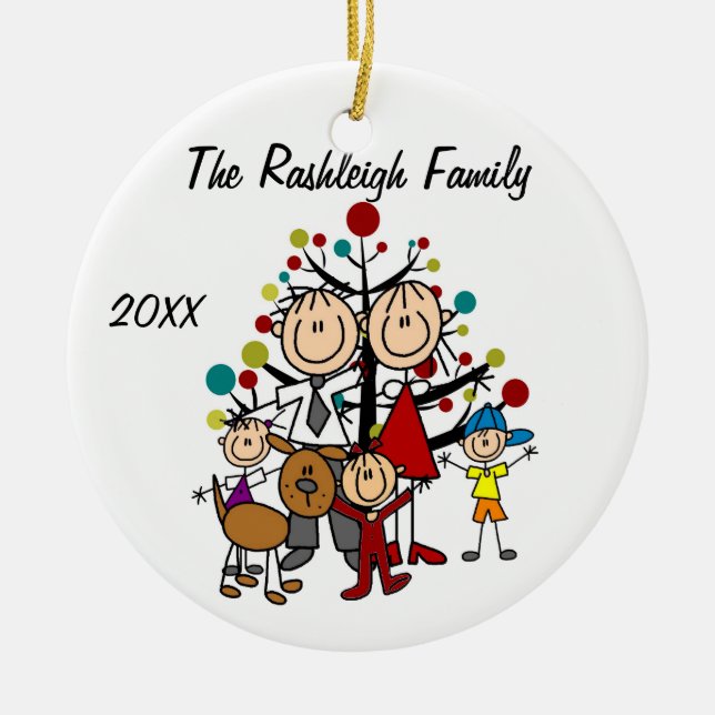 Familieneltern, zwei Mädchen, Junge, Hundeverzieru Keramik Ornament (Vorne)