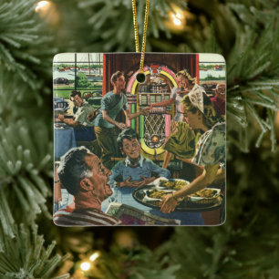 Familienessen im Retro-Diner mit einer Jukebox Keramikornament