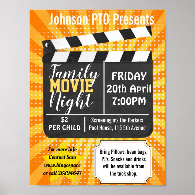 Familienfilmnacht, Filmabend Party PTA-Veranstaltu Poster (Vorne)