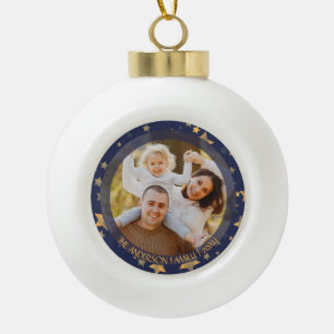Familienfoto Blau Gold Stern Elegantes Weihnachtsf Keramik Kugel-Ornament
