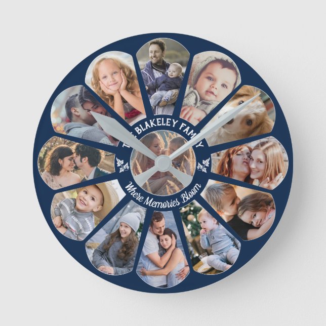 Familienfoto Collage 13 Custom Blume Shape Blue Runde Wanduhr (Vorderseite)