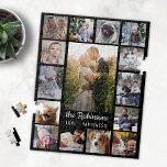 Familienfoto Collage 15 Bilder   Name Schwarz Easy<br><div class="desc">Feiern Sie Ihre Erinnerungen oder Hochzeiten mit diesem wunderschönen Foto-Puzzle. Dieses Design besteht aus einem großen, senkrechten Foto, zwei kleineren vertikalen Fotos und 12 quadratischen Bildern im Instagram-Stil. Fügen Sie Ihren Namen in sehr hellgrau hinzu. Die Worte "Liebe - Glück" können auch wie besehen geändert oder verlassen werden (sie sind...</div>