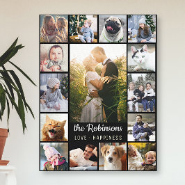 Familienfoto Collage 15 Bilder + Name Schwarz Easy Leinwanddruck