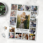 Familienfoto Collage 15 Bilder   Name White Easy<br><div class="desc">Feiern Sie Ihre Erinnerungen oder Hochzeiten mit diesem wunderschönen Foto-Puzzle. Dieses Design besteht aus einem großen senkrechten Foto, zwei kleineren vertikalen Fotos und 12 eckigen Bildern im Instagram-Stil, die alle auf weißem Hintergrund angeordnet sind. Fügen Sie Ihren Namen grau hinzu. Die Worte "Liebe - Glück" können auch wie besehen geändert...</div>