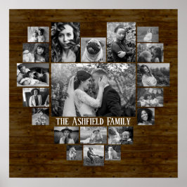 Familienfoto Collage 20 B&W Herzbilder + Name Holz Poster