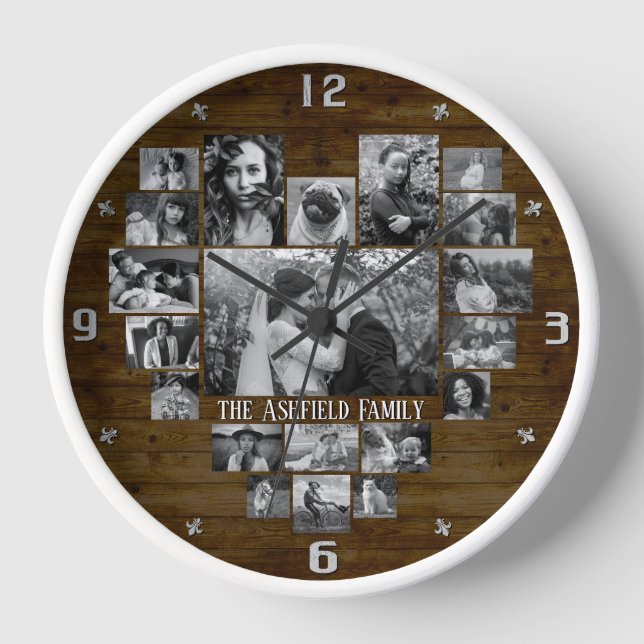 Familienfoto Collage 20 B&W Herzbilder + Name Holz Uhr (Vorderseite)