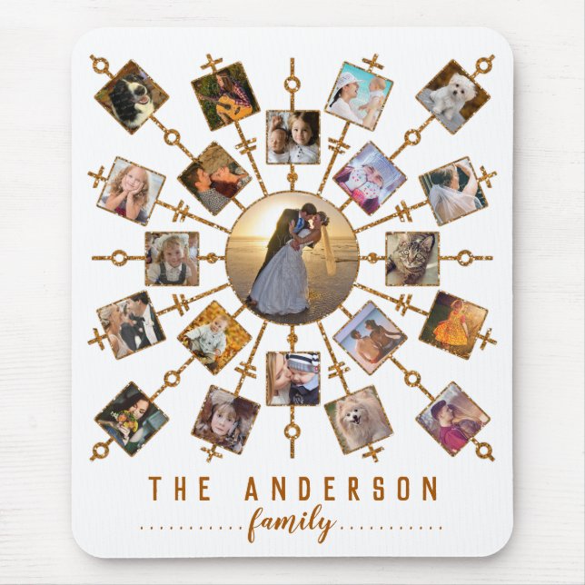 Familienfoto Collage 21 Bilder Weißes Gold + Name Mousepad (Vorne)