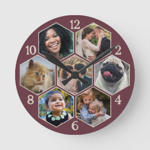 Familienfoto Collage 7 Custom Burgundy Red Hexagon Runde Wanduhr