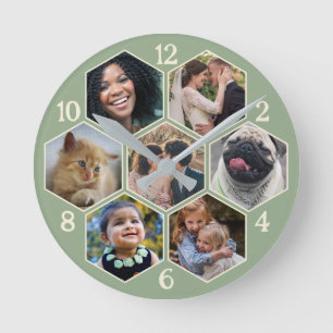 Familienfoto Collage 7 Custom Sage Hexagon Blume Runde Wanduhr