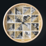 Familienfoto Collage Artistic Sepia Mod Instagram Uhr<br><div class="desc">Diese einzigartige runde (oder quadratische) Wanduhr hat ein abstraktes modernes Kunstbild aus der Mitte des Jahrhunderts. Sechzehn Ihrer personalisierten Fotos erscheinen automatisch in Schwarzweiß hinter halbtransparenten sepia/goldgelben Dreiecken. Das Ergebnis ist ein gestörtes künstlerisches Aussehen. Anstelle von Zahlen hat die Uhr "zwölf / drei / sechs / neun" an den Kanten...</div>