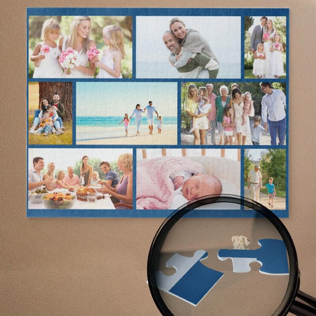 Familienfoto Collage Blue Mauerwerk Grid Custom (Blue jigsaw puzzle with 9 pictures in masonry grid photo collage by Darling & May)
