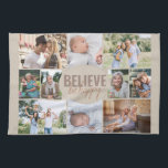 Familienfoto-Collage glauben Zitat neutrale Beige Geschirrtuch<br><div class="desc">Foto Collage Küchentuch mit 10 Ihrer Lieblings-Fotos. Die Formulierung in der Mitte lautet "glauben Sie glücklich" und ist in fett gedruckter Typografie und lässigen, dünnen Schriftart-Skript. Die Fotovorlage ist für Sie Set, 10 Bilder hinzuzufügen, die in Landschafts-, Quadrat- und Portraitbildern dargestellt werden, um Ihnen so viel Flexibilität wie möglich zu...</div>