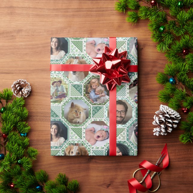 Familienfoto Collage Green Quilt Look 28 Bilder le Geschenkpapier (Feiertagsgeschenk)