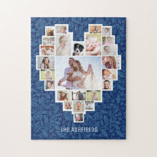 Familienfoto Collage Heart Blue Floral 25 Pic Name
