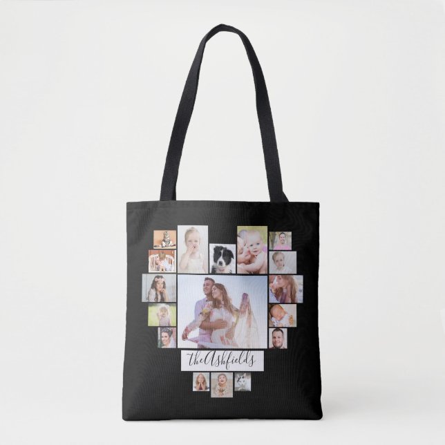 Familienfoto Collage Hearts 34 Bilder Name Schwarz Tasche (Vorderseite)