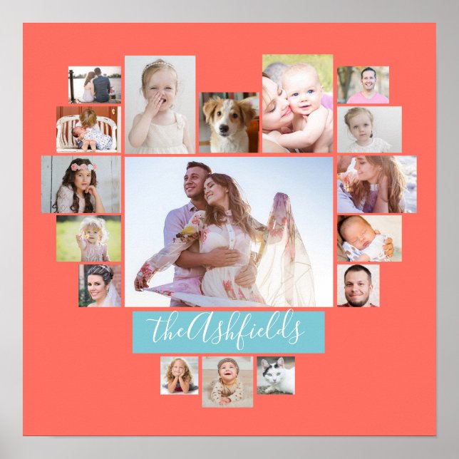 Familienfoto Collage Herz 17 Bilder Name Koralle Poster (Vorne)