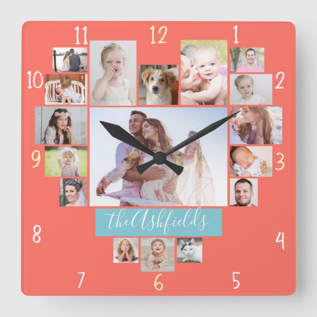 Familienfoto Collage Herz 17 Bilder Name Koralle Quadratische Wanduhr (Vorderseite)