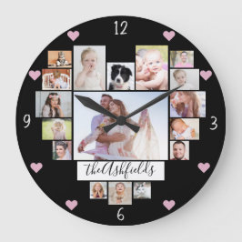 Familienfoto Collage Herz 17 Bilder Name Schwarz Große Wanduhr