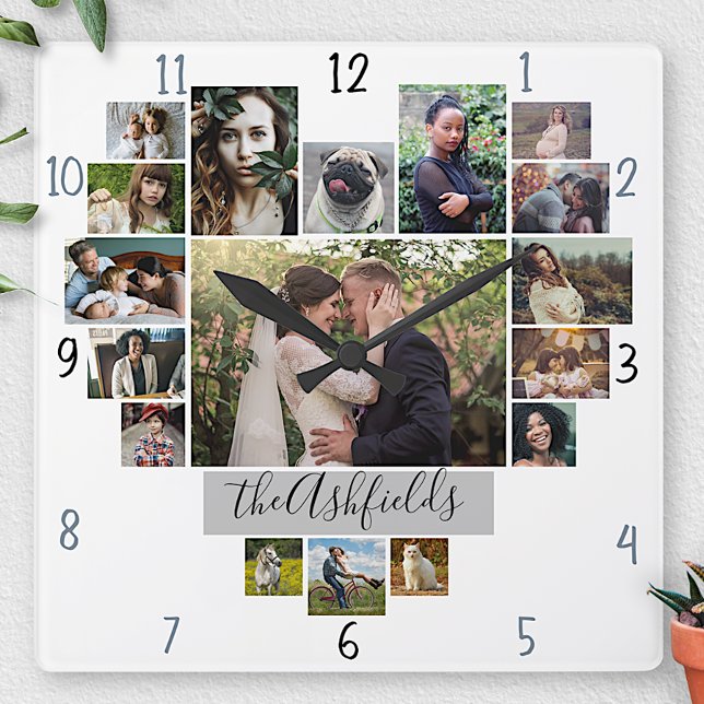 Familienfoto Collage Herz 17 Bilder Name Weiß Quadratische Wanduhr (Von Creator hochgeladen)