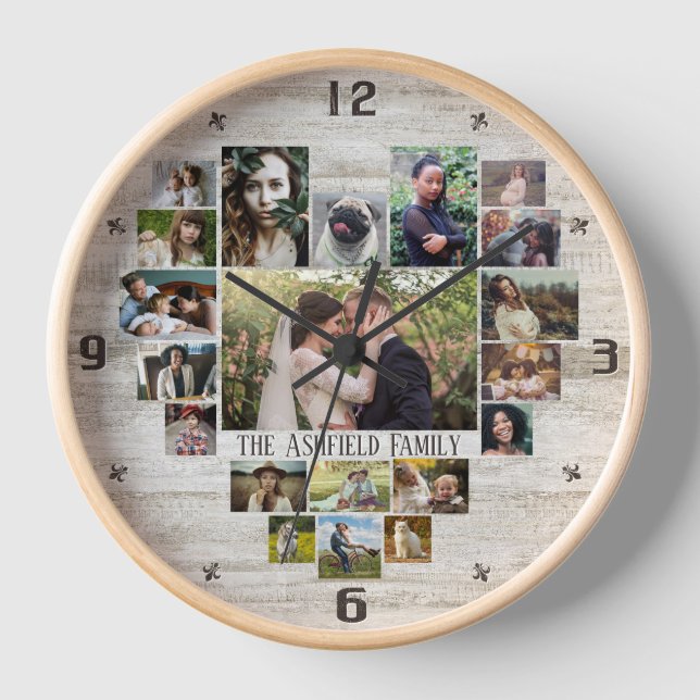 Familienfoto Collage Herz 20 Bilder Name Farm Wood Uhr (Vorderseite)