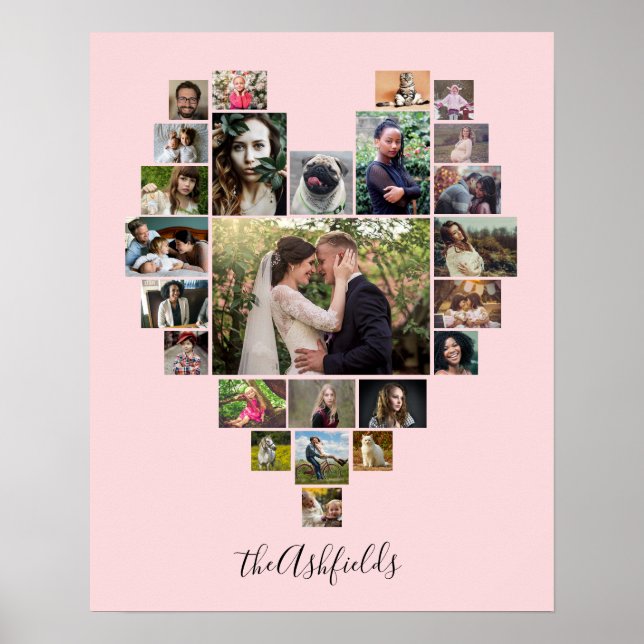 Familienfoto Collage Herz 25 Bilder Name Rosa Poster (Vorne)