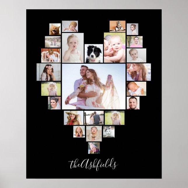 Familienfoto Collage Herz 25 Bilder Name Schwarz Poster (Vorne)