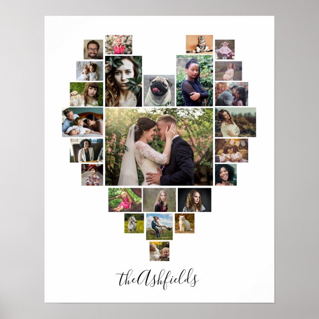 Familienfoto Collage Herz 25 Bilder Name Weiß Poster (Vorne)