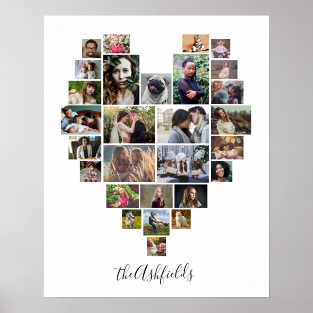 Familienfoto Collage Herz 28 Bilder Name Weiß Poster (Vorne)