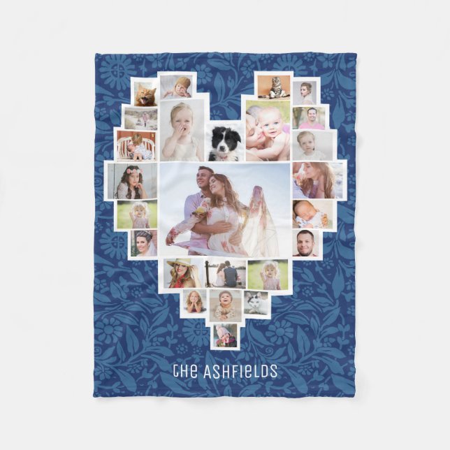 Familienfoto Collage Herzfloralblau 25 Bildname Fleecedecke (Vorderseite)