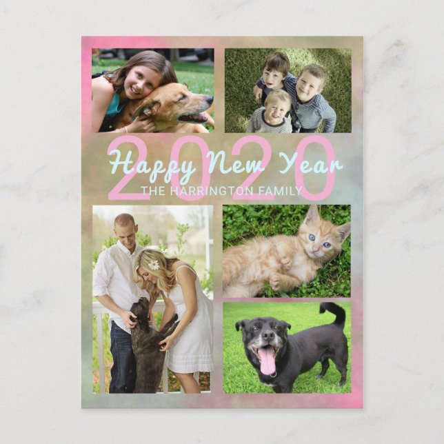 Familienfoto Collage Holiday Postkarte mit Jahr (Vorderseite)