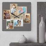 Familienfoto Collage Holz Grain Border Warm Grau Quadratische Wanduhr<br><div class="desc">Foto-Kollektion mit 6 Ihrer Lieblings-Fotos, Kalligraphie und hellen Holzkörnern-Look Rahmen. Die Fotovorlage steht Ihnen zum Hinzufügen Ihrer Fotos zur Verfügung, die in Landschafts- und Porträtformaten angezeigt werden. Die Hintergrundfarbe und das Wort "Familie" sind warm grau und Sie sind willkommen, dies zu bearbeiten, um Ihre Wohngestaltung Anzug - klicken Sie einfach...</div>