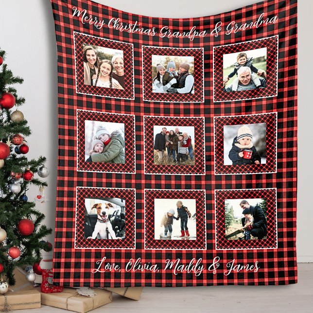 Familienfoto Collage Karierte Weihnachten Fleecedecke (Red Buffalo Plaid Family Photo Blanket)