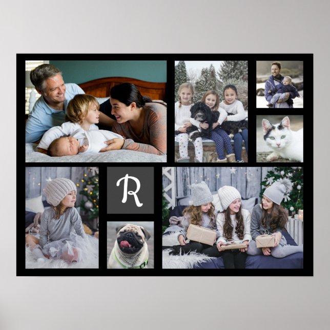 Familienfoto Collage Mit Monogramm 7 Bilder Schwar Poster (Vorne)
