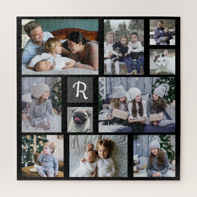 Familienfoto Collage Mit Monogramm Black 10 Bilder (Vertikal)