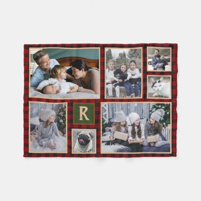 Familienfoto Collage Mit Monogramm Red Buffalo Kar Fleecedecke (Vorderseite (Horizontal))