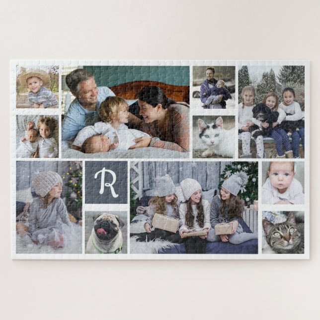 Familienfoto Collage Mit Monogramm White 11 Bilder (Horizontal)