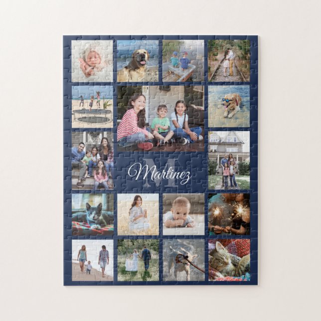 Familienfoto Collage Navy Blue Moderne Mit Monogra (Vertikal)